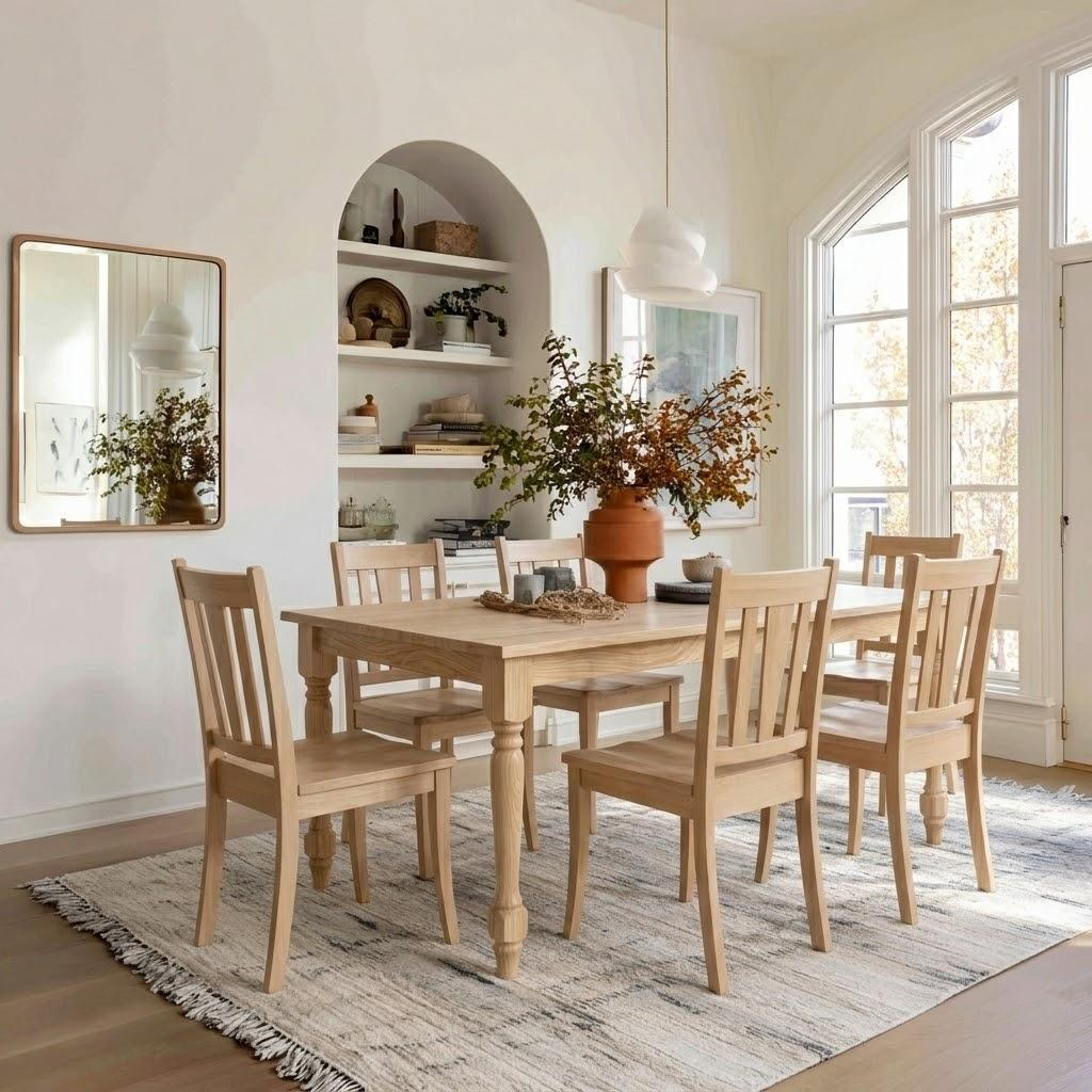 Dining room with wooden table and chairs, large mirror, and window light.