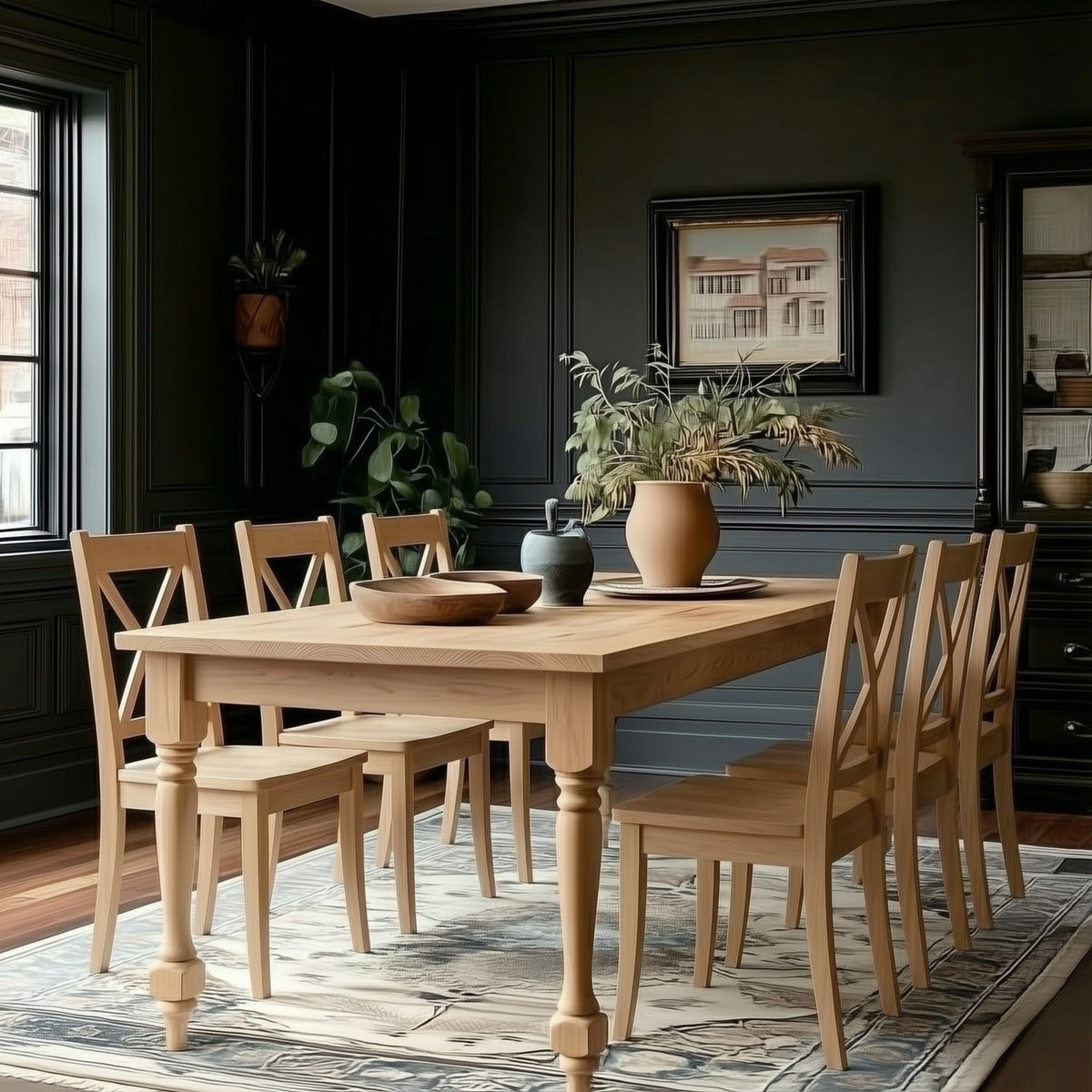 Dining room with wooden table and chairs, plants, and large windows.