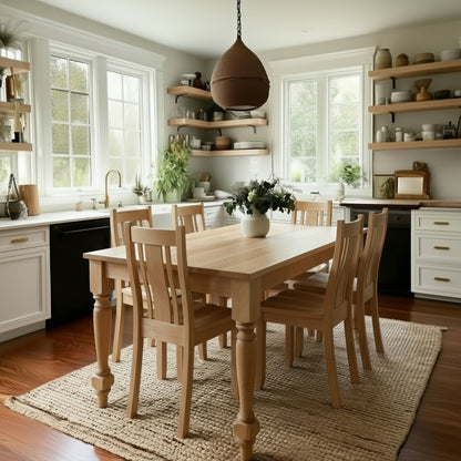 Kitchen with wooden table and chairs, plants, and large windows.