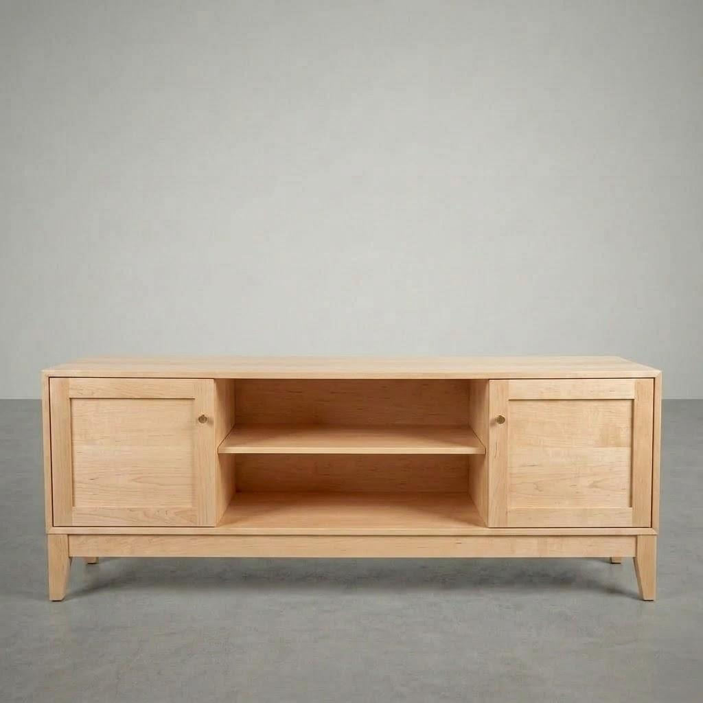 A light natural wood TV stand or media console with two cabinet doors and an open center shelf, photographed against a neutral gray studio background.