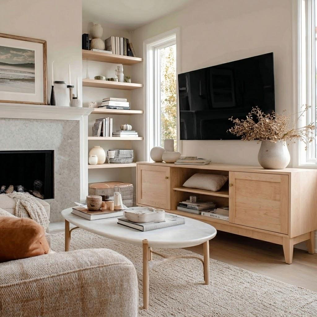 A modern living room featuring a light natural wood TV stand and matching shelving, styled with neutral-toned decor, a fireplace, and a large wall-mounted television.