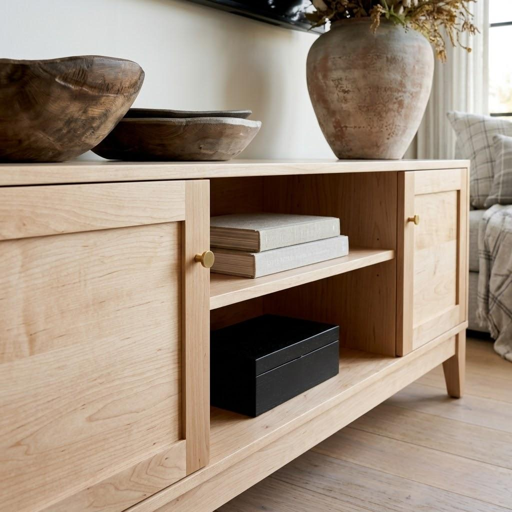 A light natural wood media console or credenza in a styled living room setting, featuring two cabinet doors with brass knobs, an open center shelf holding books and a black box, and decorative bowls and a large vase on top.