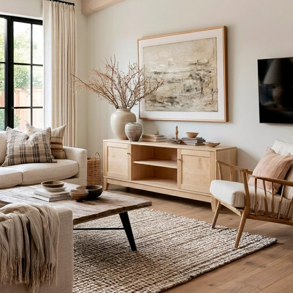 A styled living room interior featuring a light wood sideboard with a large framed abstract landscape print above it, a beige sofa, a wooden chair, a coffee table, and a woven rug.