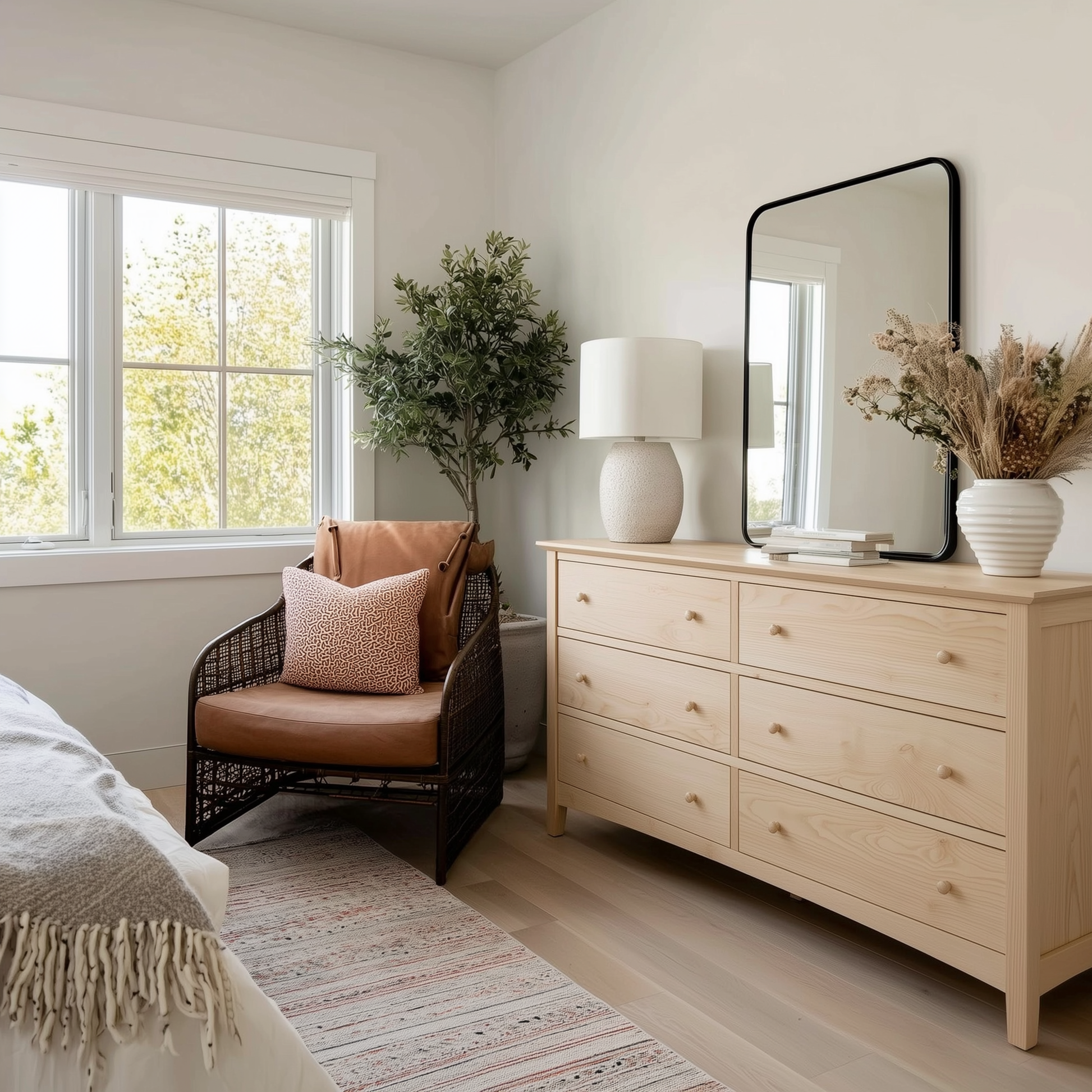 Neatly arranged bedroom with a wooden dresser, chair, and decorative elements.