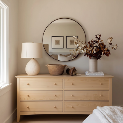 Wooden dresser with decorative items against a beige wall