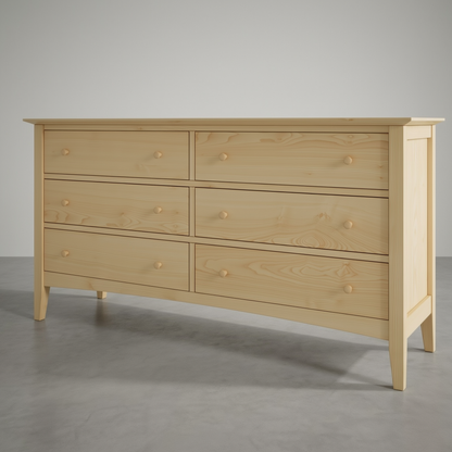 Light wooden dresser with multiple drawers on a gray background
