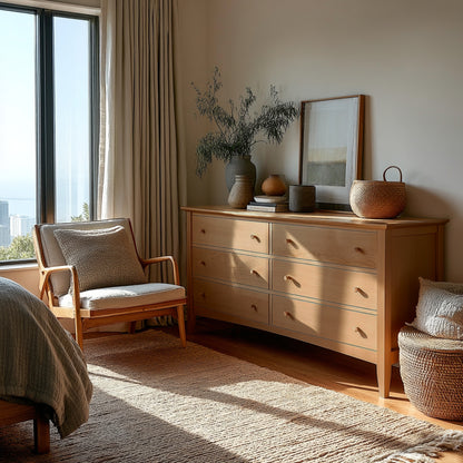 Nestled corner of a room with maple Fairmont dresser, chair, and decorative items.