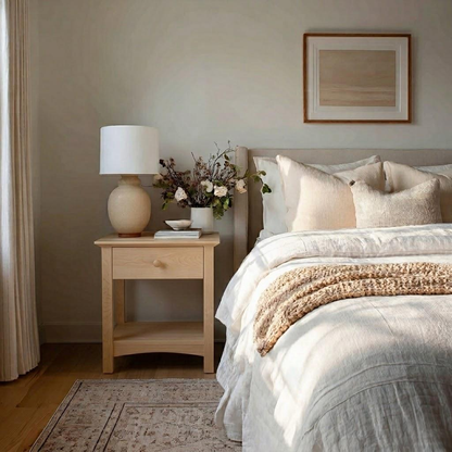 Neatly made bed with a side table and lamp in a bedroom setting.