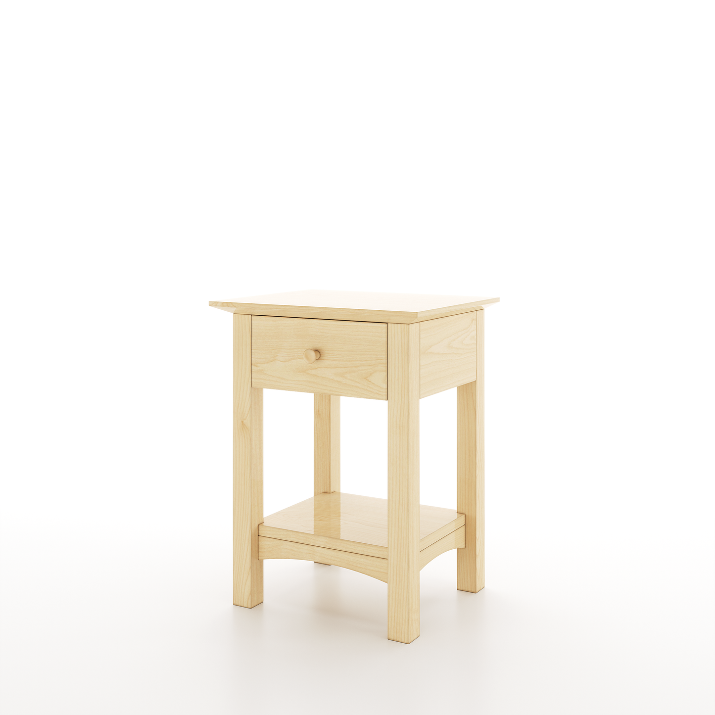 A nightstand made of maple featuring 1 drawer and 1 lower shelf on a white background