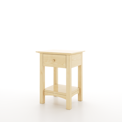 A maple shaker nightstand with one drawer and a lower shelf on a white background