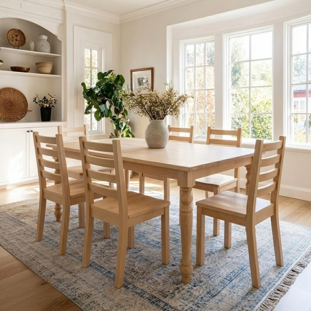 Dining room with wooden table and chairs in a bright room with large windows.