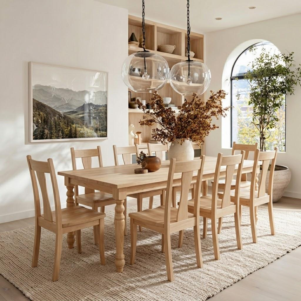 Dining room with wooden table and chairs, framed picture on wall, and large window.