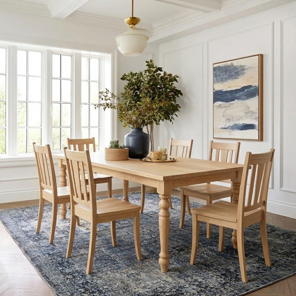 Dining room with wooden table and chairs, rug, and abstract painting.