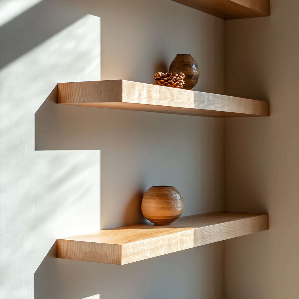 A wall-mounted floating shelf made of maple wood with a decorative bowl on it, set against a neutral wall.