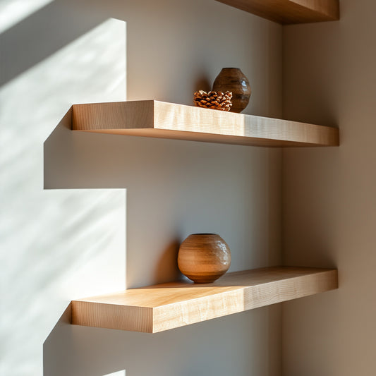A wall-mounted floating shelf made of maple wood with a decorative bowl on it, set against a neutral wall.