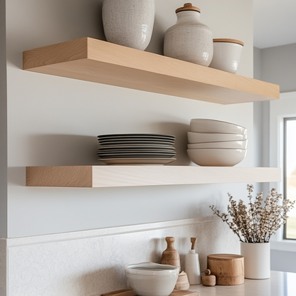 Two maple floating shelves mounted on a white wall in a kitchen, decorated with plates, bowls, and vases