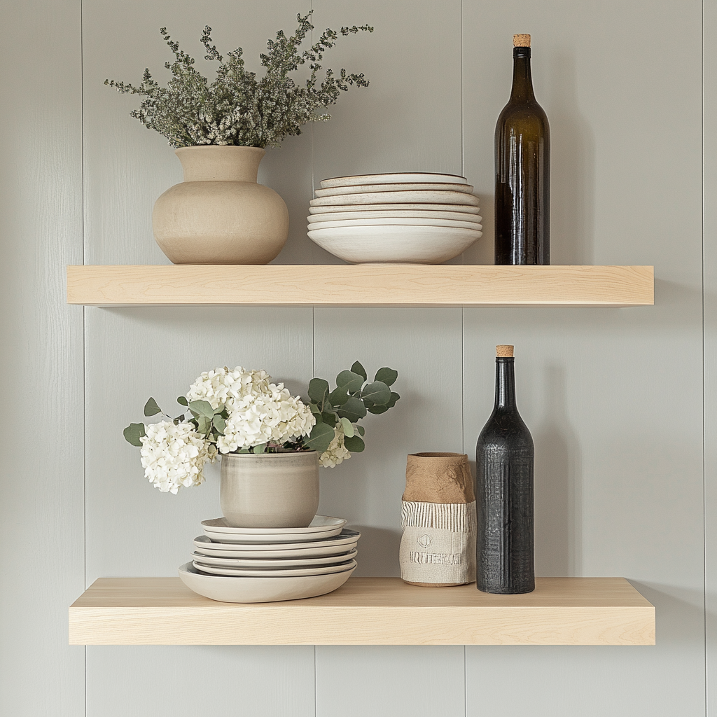 Two maple floating shelves mounted on a slatted wall, decorated with bottles, plates, andother decorative elements.