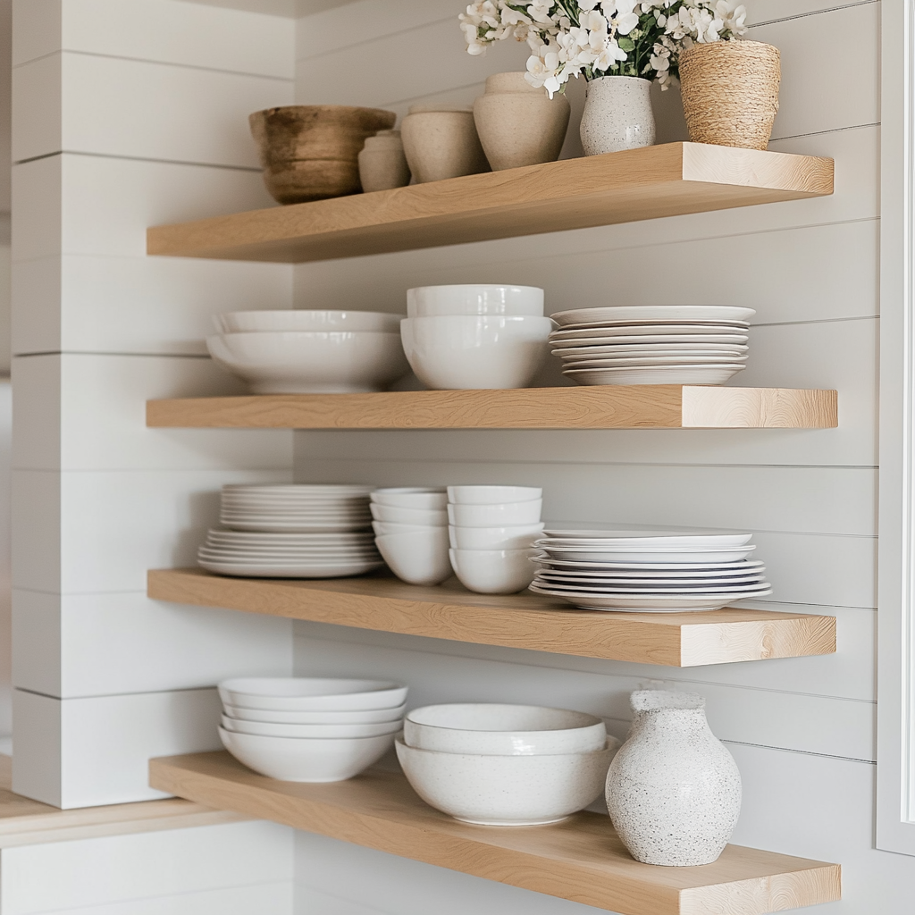 Maple floating shelves on a slatted white wall with decorative objects