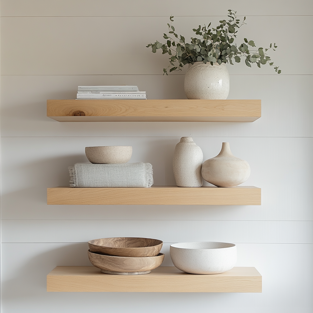 Three maple floating shelves on a white slat wall with various decorative elements.