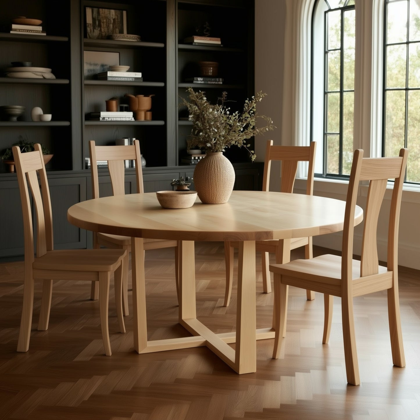 Wooden dining table with chairs in a room with large windows.