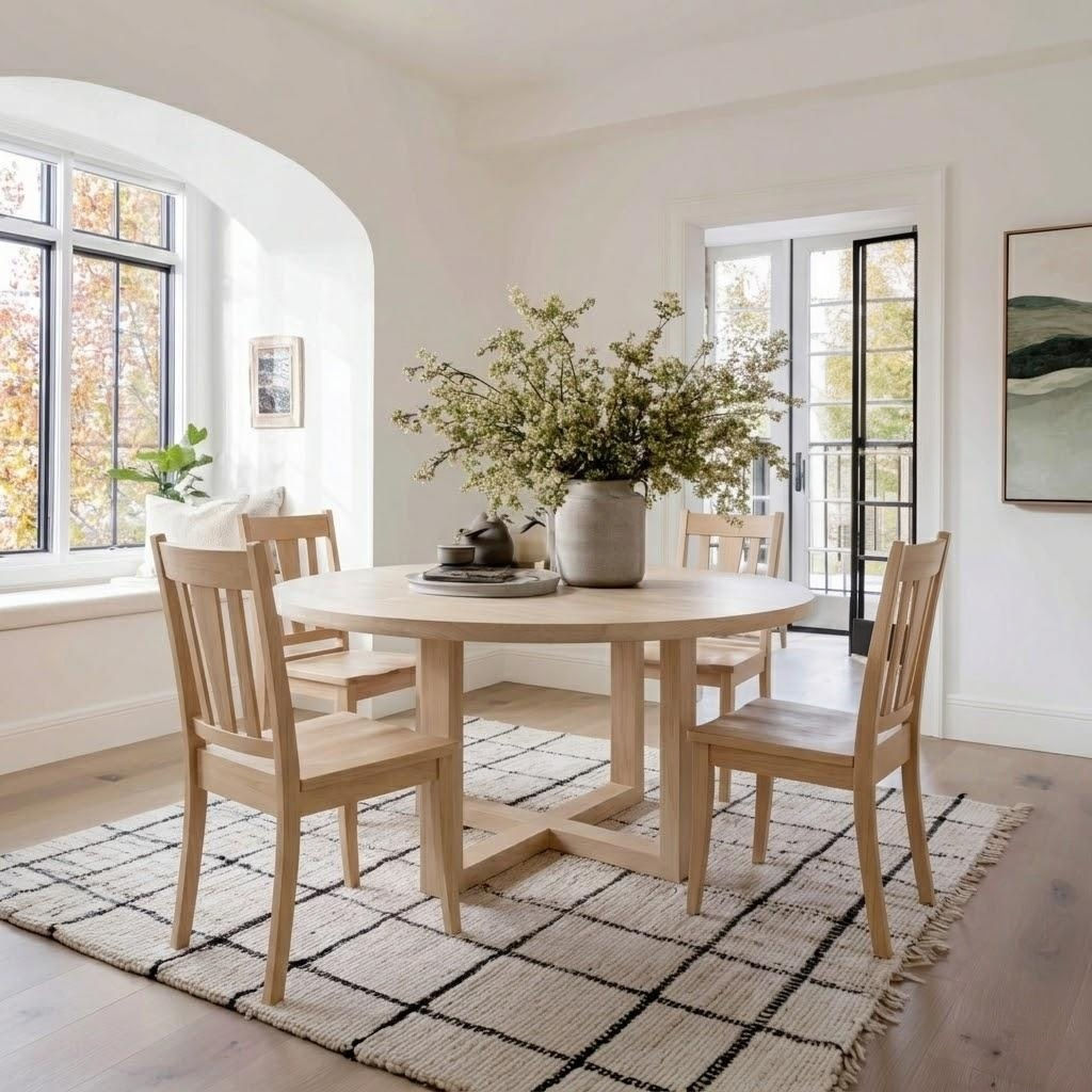 Dining room with wooden table and chairs on a checkered rug, large windows, and a vase of flowers.