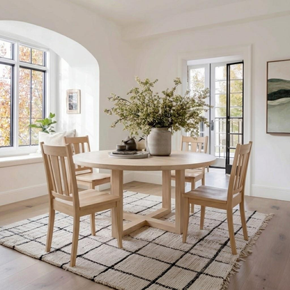 Dining room with wooden table and chairs on a checkered rug, large windows, and a vase of flowers.
