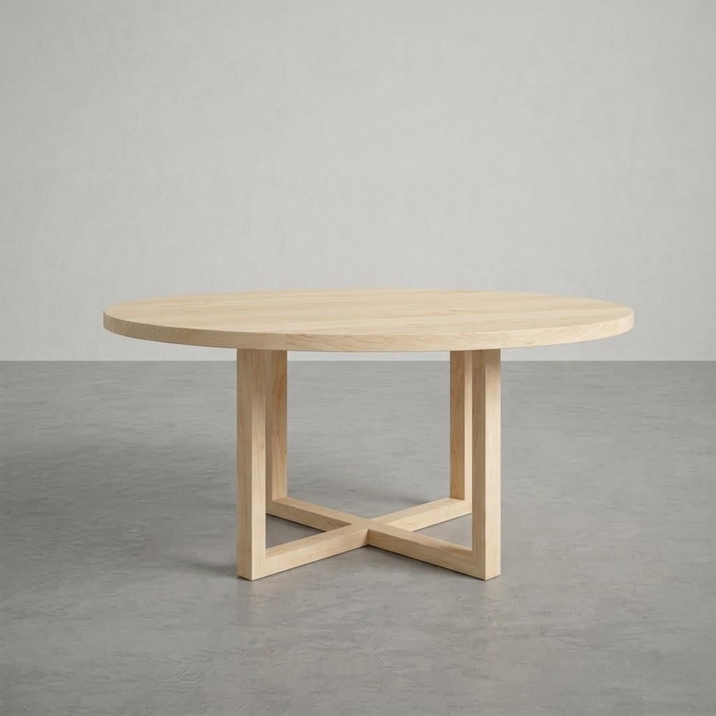 Wooden dining table with a minimalist design on a gray floor and background
