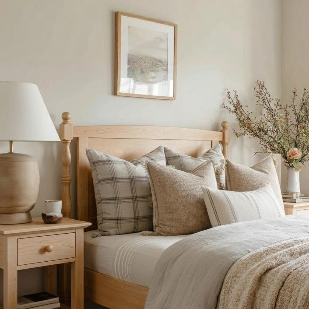 Neatly made bed with decorative pillows in a bedroom setting.