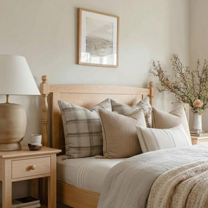Neatly made bed with decorative pillows in a bedroom setting.