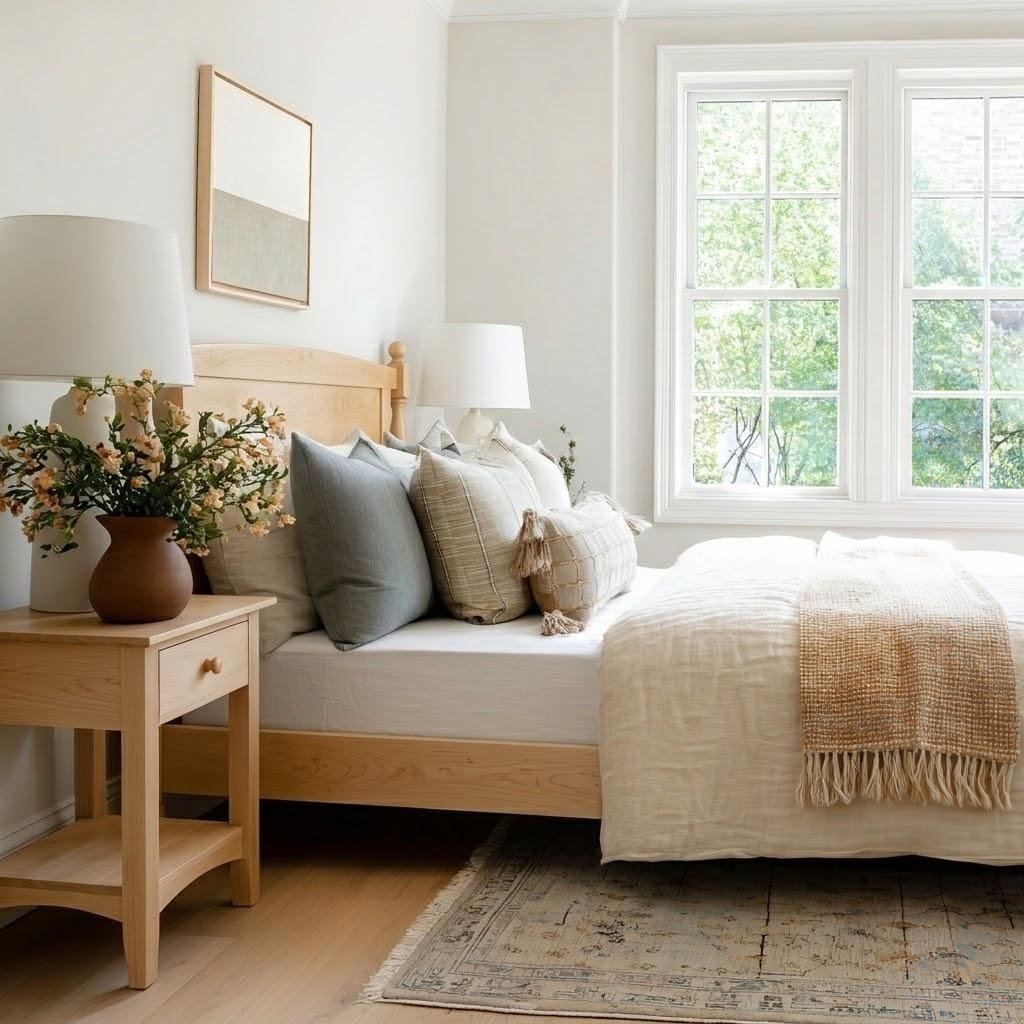 Neatly made bed with decorative pillows in a bedroom setting.
