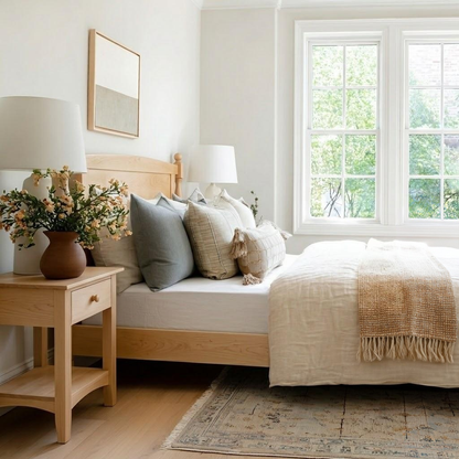 Neatly made bed with decorative pillows in a bedroom setting.