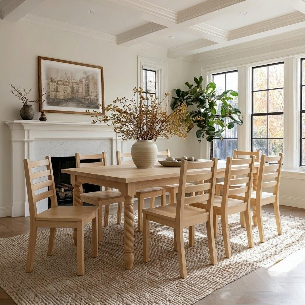 Dining room with wooden table and chairs, fireplace, and large windows.