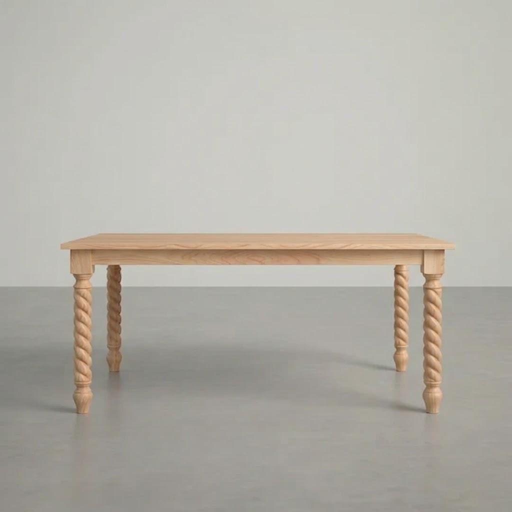 Wooden table with twisted legs on a plain background