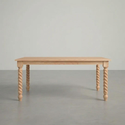 Wooden table with twisted legs on a plain background