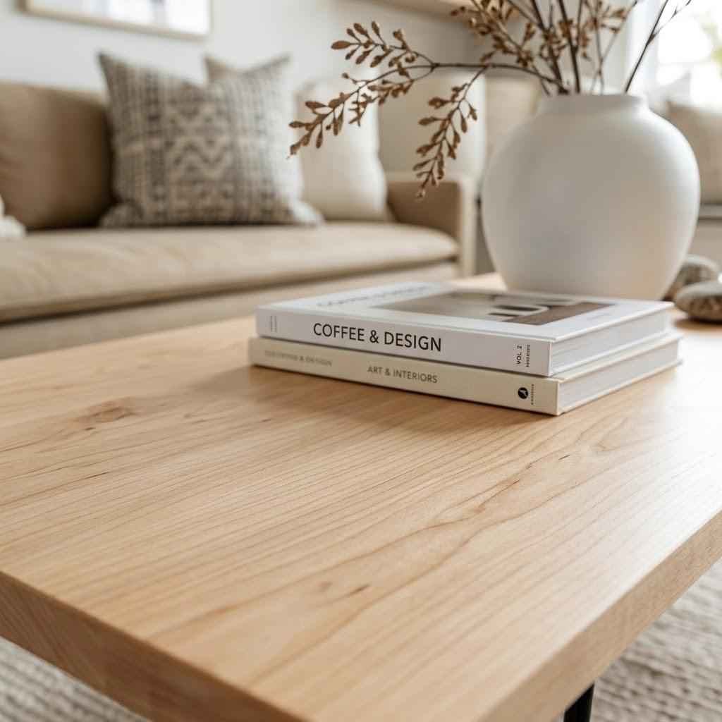 Close up view of a modern living room with a beige sofa, wooden coffee table, and decorative elements.