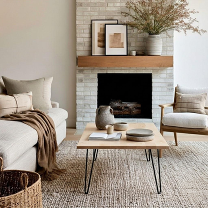 Modern living room with a beige sofa, wooden coffee table, and decorative elements.
