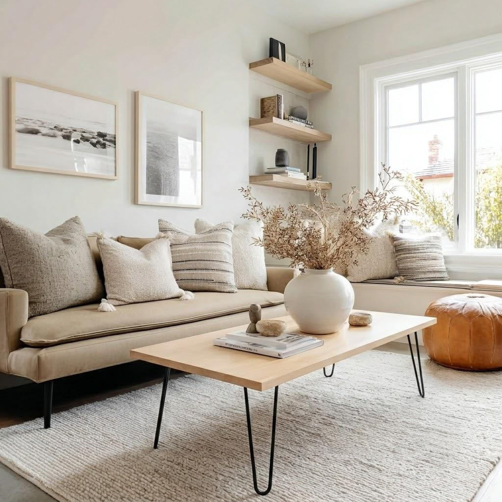 Modern living room with a beige sofa, wooden coffee table, and decorative elements.