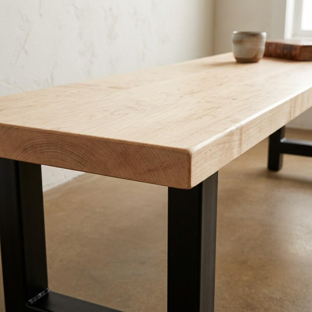A close-up of a light natural wood tabletop with thick rounded edges and black metal legs, shown in a real interior setting with a wall, floor, and a small cup in the background.