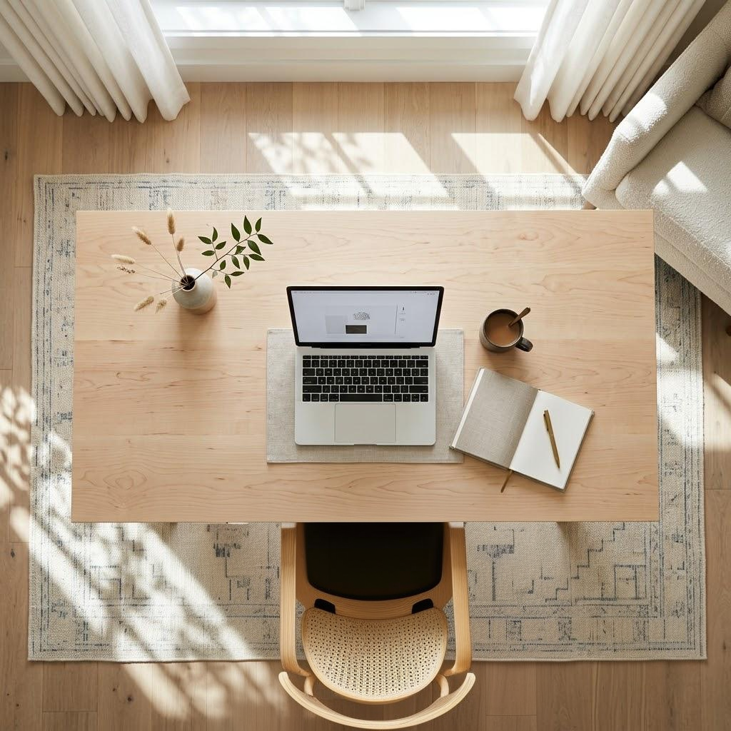 Overhead view of a minimalist home office setup with a light wood desk, a silver laptop, an open notebook with a pen, a small vase with dried stems, and a coffee cup on a patterned rug over a wooden floor.