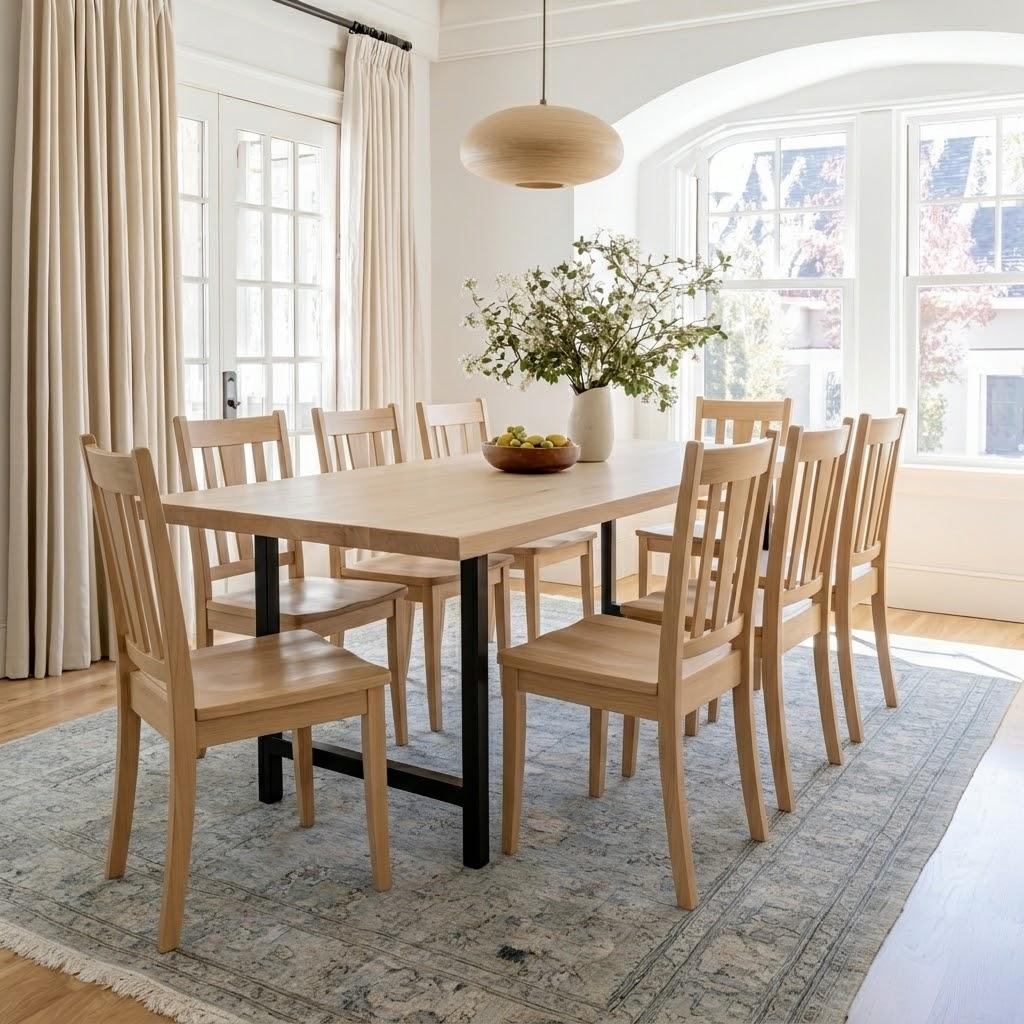 Dining room with wooden table and chairs, large windows, and a vase of flowers.