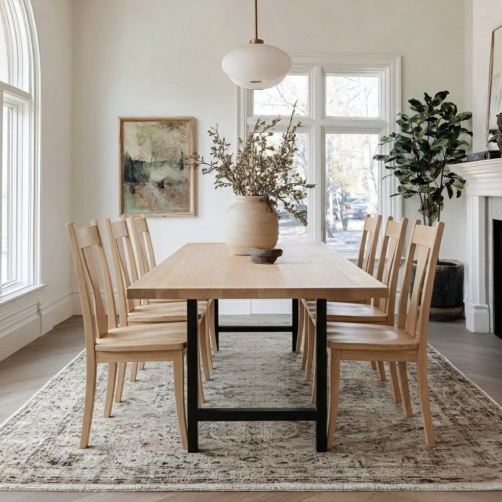 Dining room with wooden table and chairs, large windows, and decorative elements.