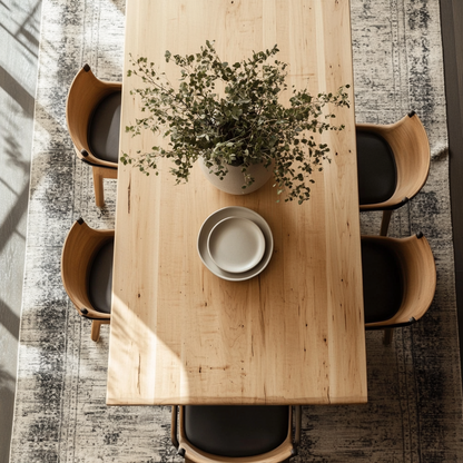 A stylish dining room featuring a rectangular dining table with a wood top and metal legs, surrounded by matching wooden chairs with a wicker design. The room has a modern aesthetic with arched windows and curtains in the background.