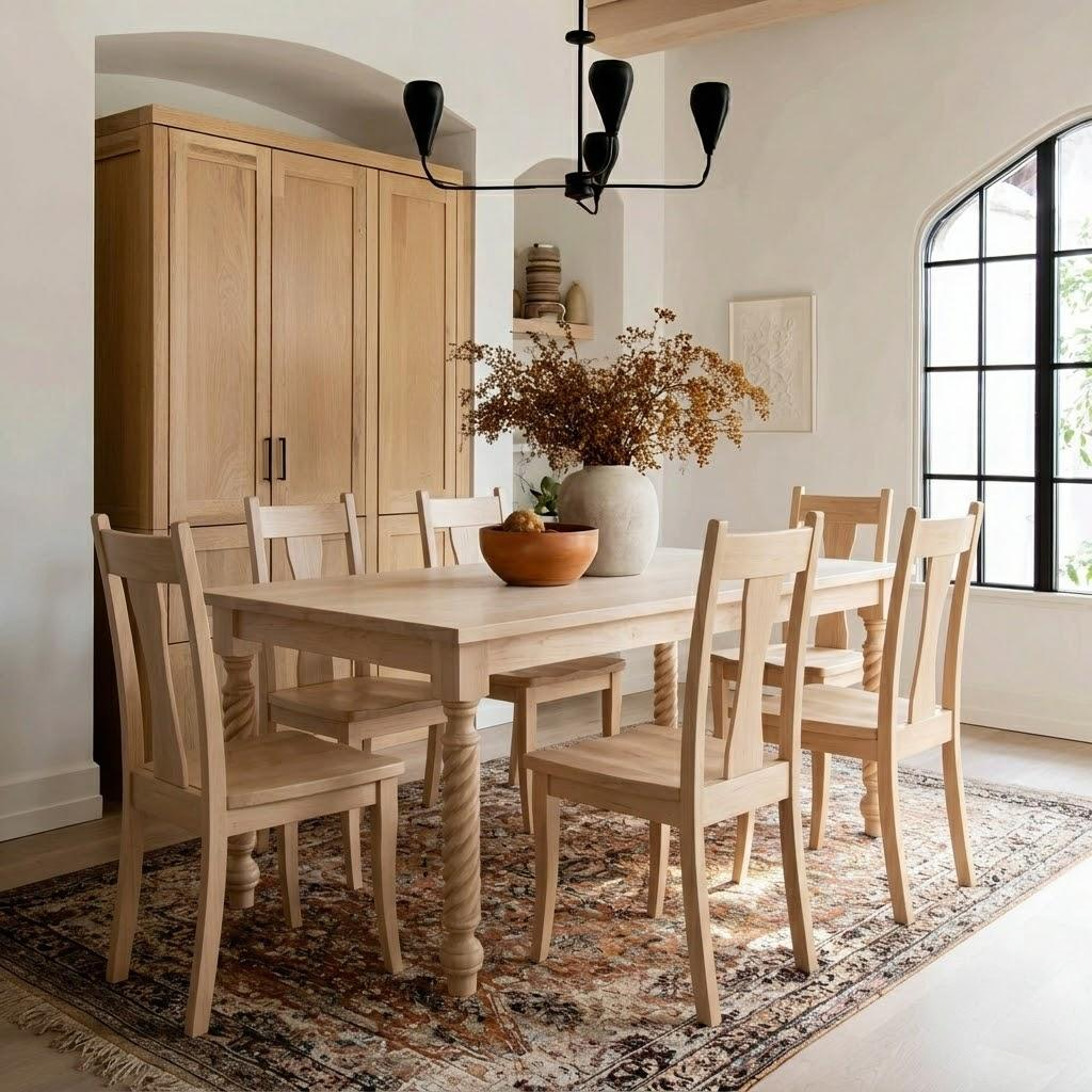 Dining room with wooden table and chairs, large window, and decorative elements.