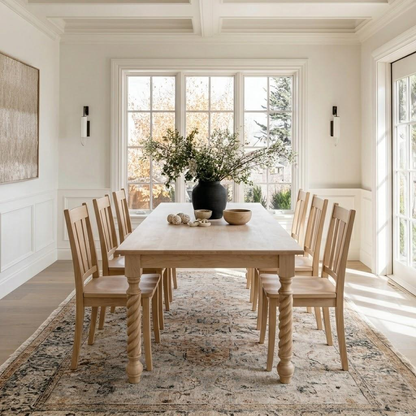 Dining room with wooden table and chairs, large windows, and decorative elements.