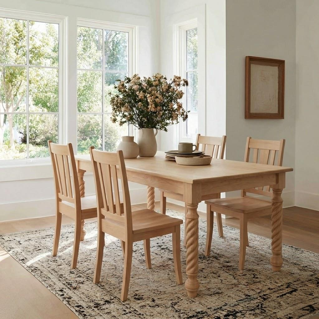 Wooden dining table with chairs in a bright room with large windows.