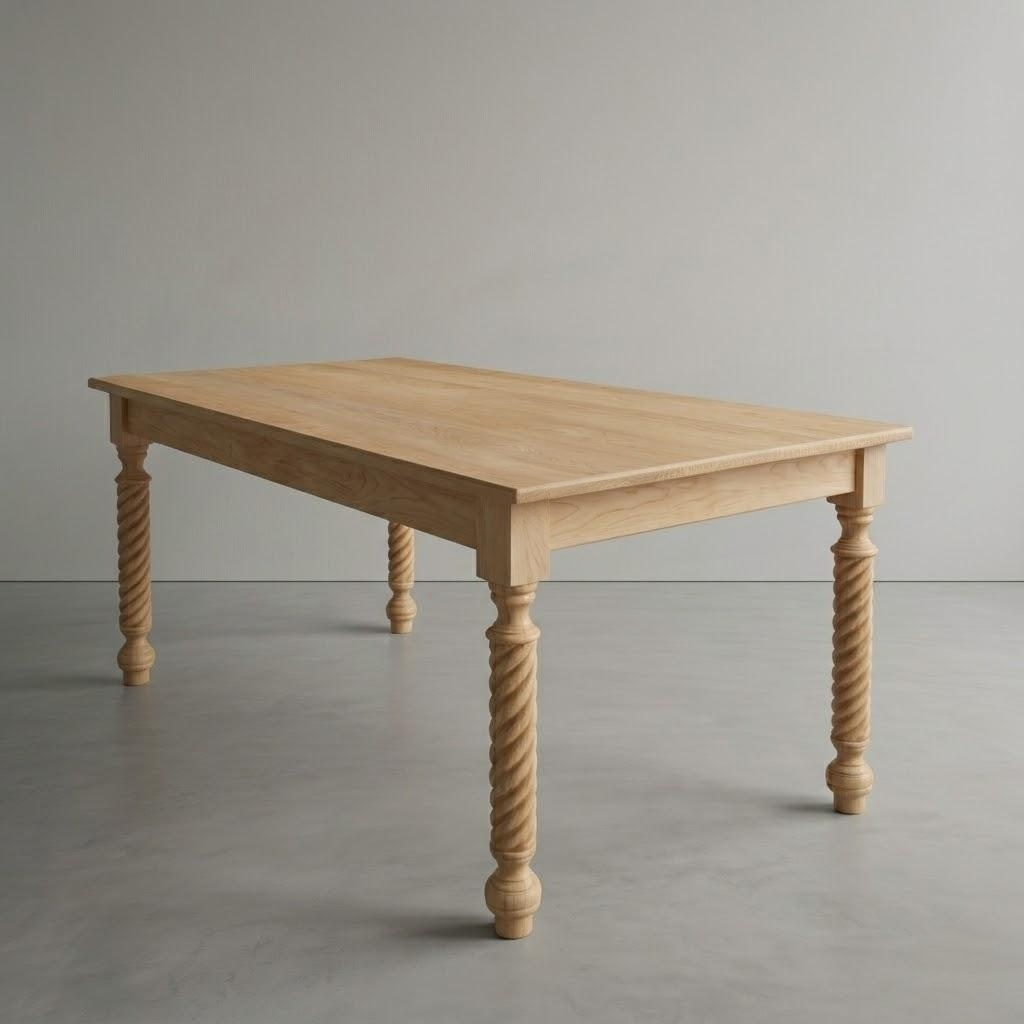 Wooden table with twisted legs on a plain background