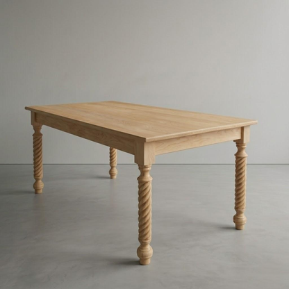 Wooden table with twisted legs on a plain background
