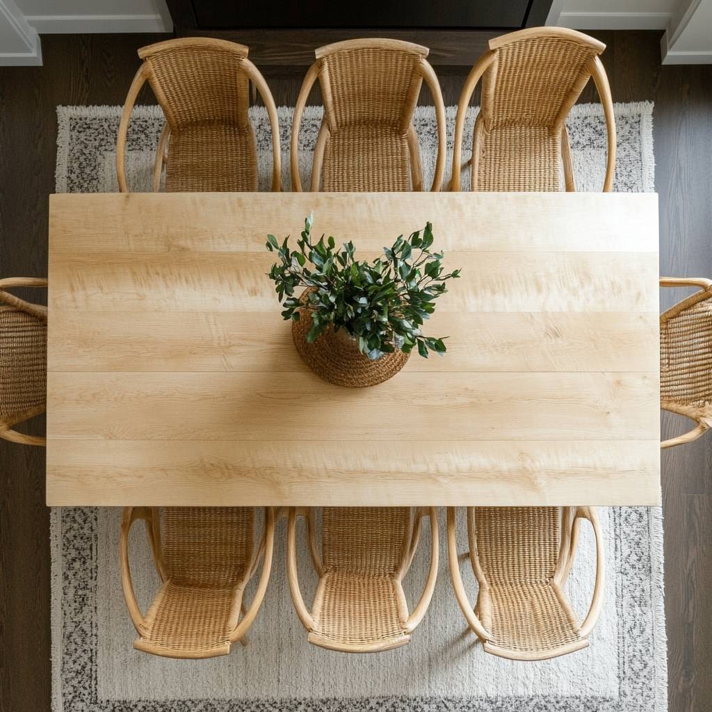 Top down view of a maple dining table