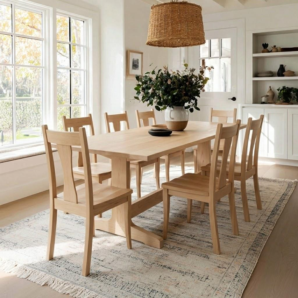 Dining room with wooden table and chairs, large windows, and a vase of flowers.