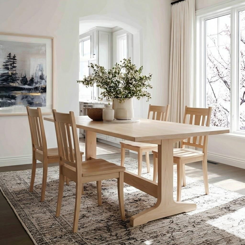 Dining room with wooden table and chairs, large windows, and a vase of flowers.